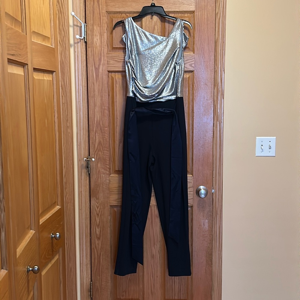 Ralph Lauren Women's Jumpsuit Size 10 Silver and Blue Sleeveless Straight Leg